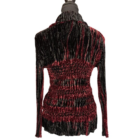 Vintage 90s Crushed Velvet Ruched Top Y2K Whimsigoth Black Red Blouse Stretchy - Picture 4 of 9